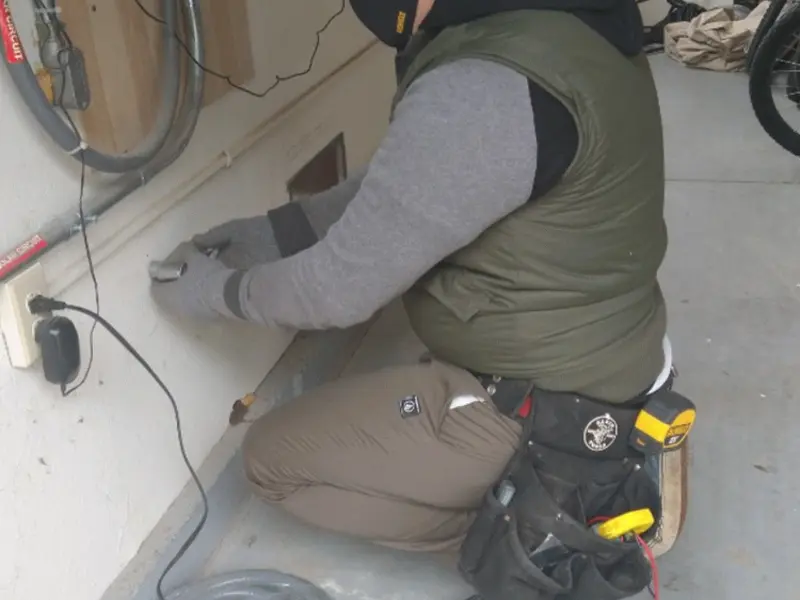 Electrician performing outlet wiring in a Scaggsville garage